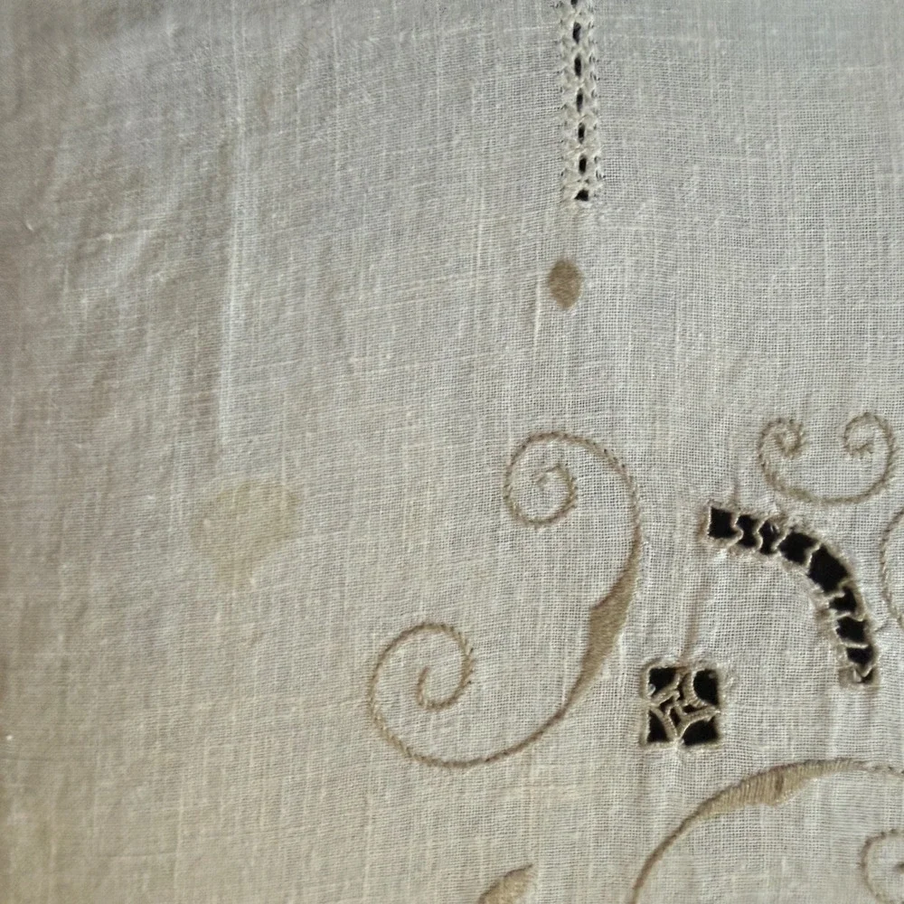 Vintage Off White Linen Square Tablecloth Embroidered Cutwork 33x33 inch